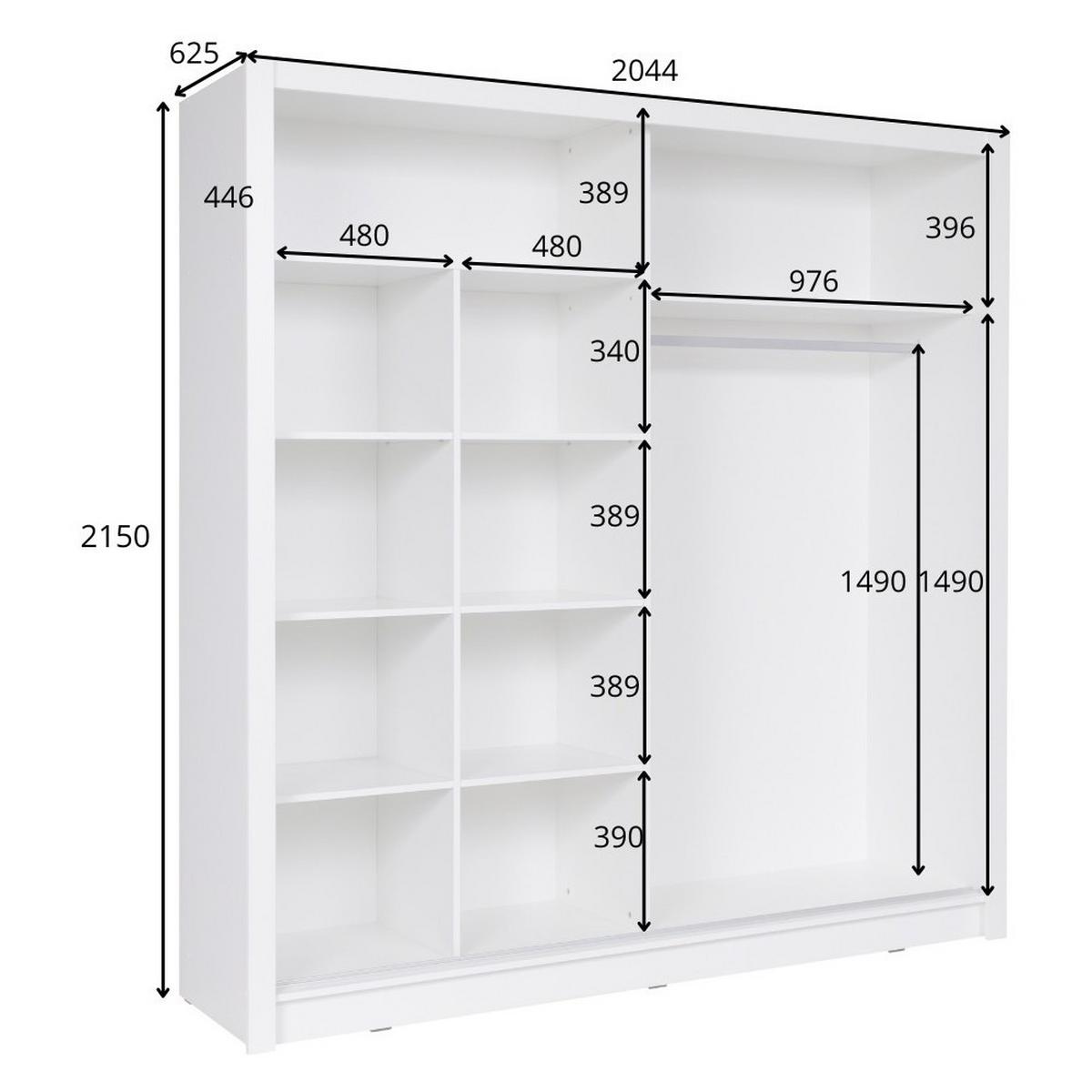 SCHWEBETÜRENSCHRANK RANOR 200/215/62,5cm 2-türig mit Spiegel Weiß - Weiß, Holzwerkstoff (200/215/62.5cm) - MASSENO