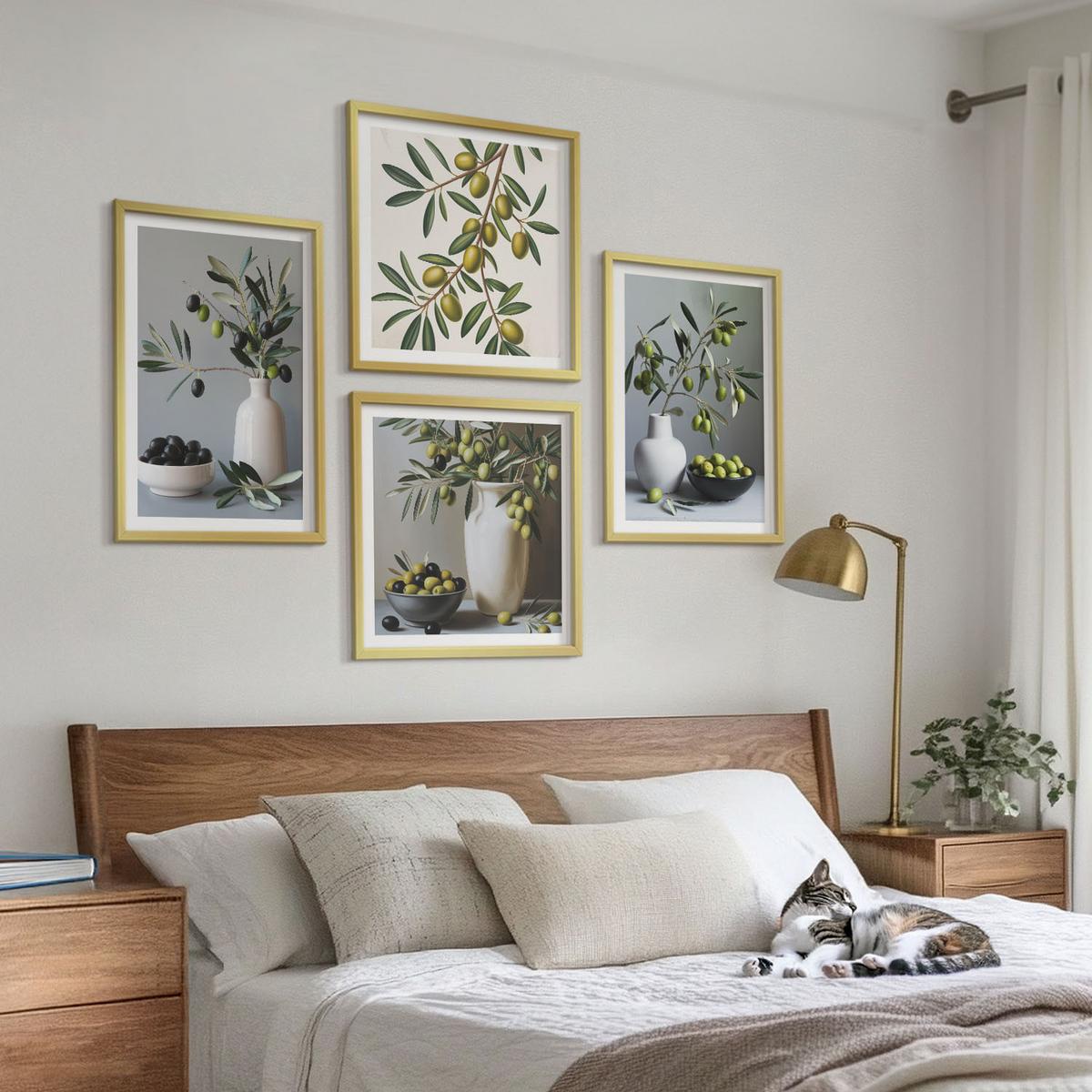 BILDER SET 4er Set - 50x50 cm & 40x60 cm Goldrahmen - Oliven in Vasen in gedeckten Farben - Goldfarben, Kunststoff (50/50cm) - TULUP