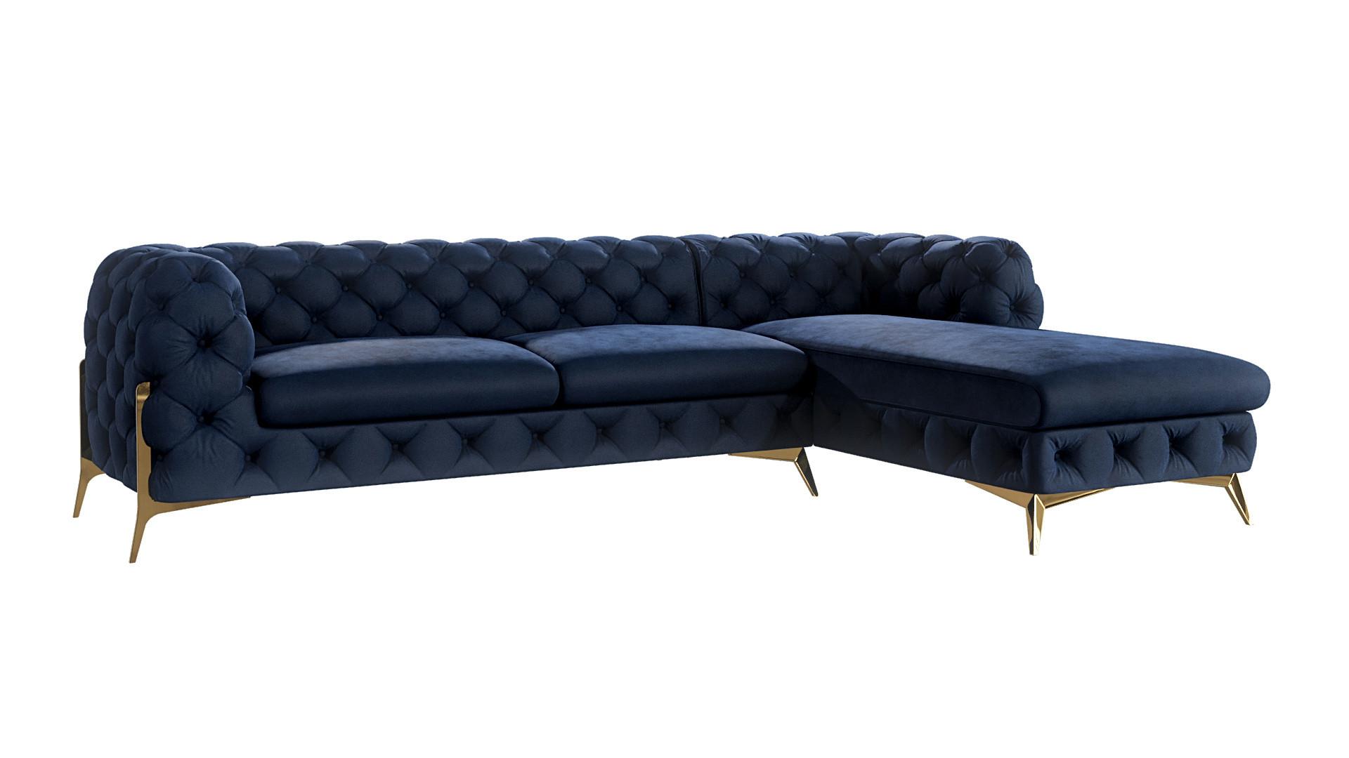 ECKSOFA Chesterfield Lexi Marineblau Samt, Ottomane rechts - Goldfarben/Dunkelblau, Holz/Textil (305/200cm) - S-Style