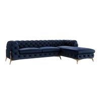 ECKSOFA Chesterfield Lexi Marineblau Samt, Ottomane rechts - Goldfarben/Dunkelblau, Holz/Textil (305/200cm) - S-Style