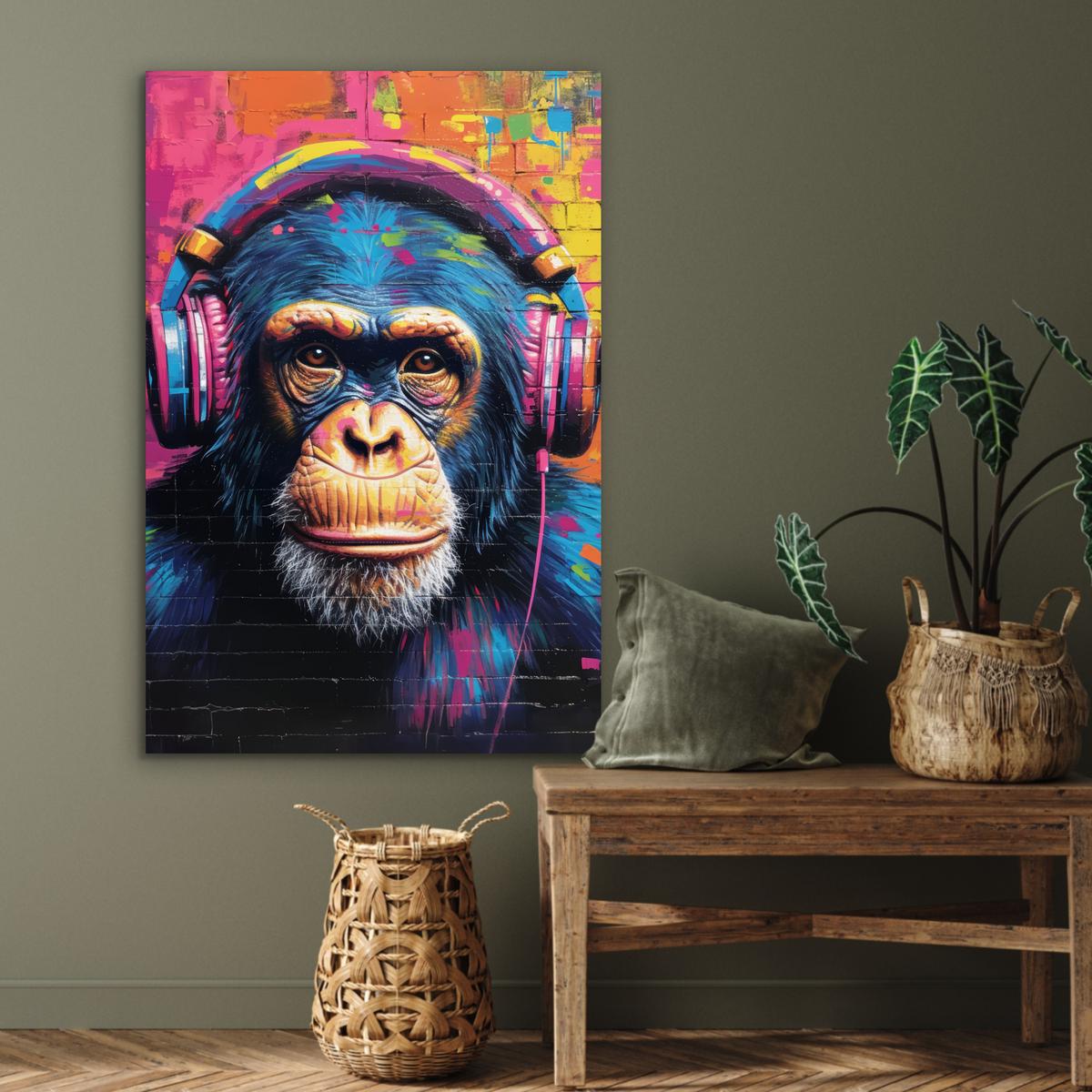 METALLBILD Graffiti - Schimpanse - Straßenkunst - Kopfhörer - Affe 80x120 cm - Blau, Metall (80/120cm) - MuchoWow