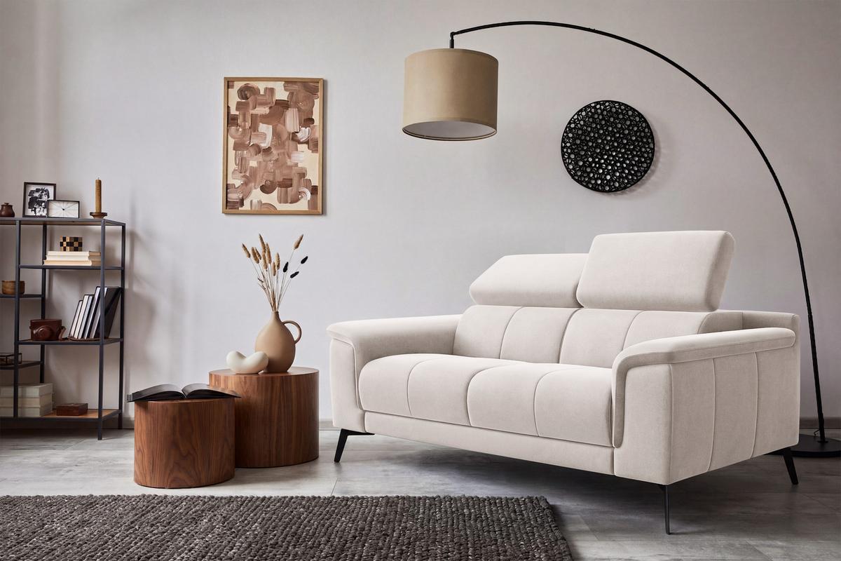 SOFA FIERO 2-Sitzer, Beiger Veloursstoff - Beige/Schwarz, Holz/Textil (170/82/103cm) - Courtois Laville