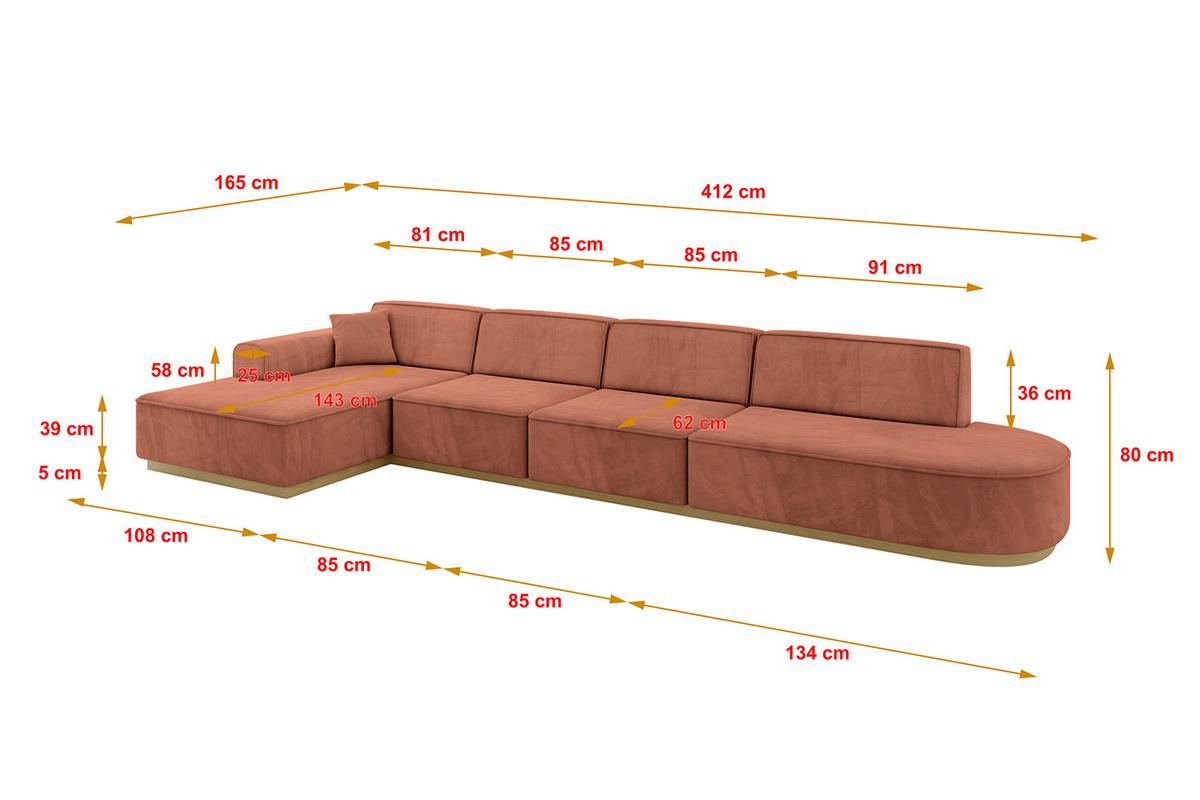 ECKSOFA Ottomane Links IREA-L3-v2 - 412x165x80 cm Apricot - Koralle, Holzwerkstoff/Textil (412/165cm) - ALTDECOR