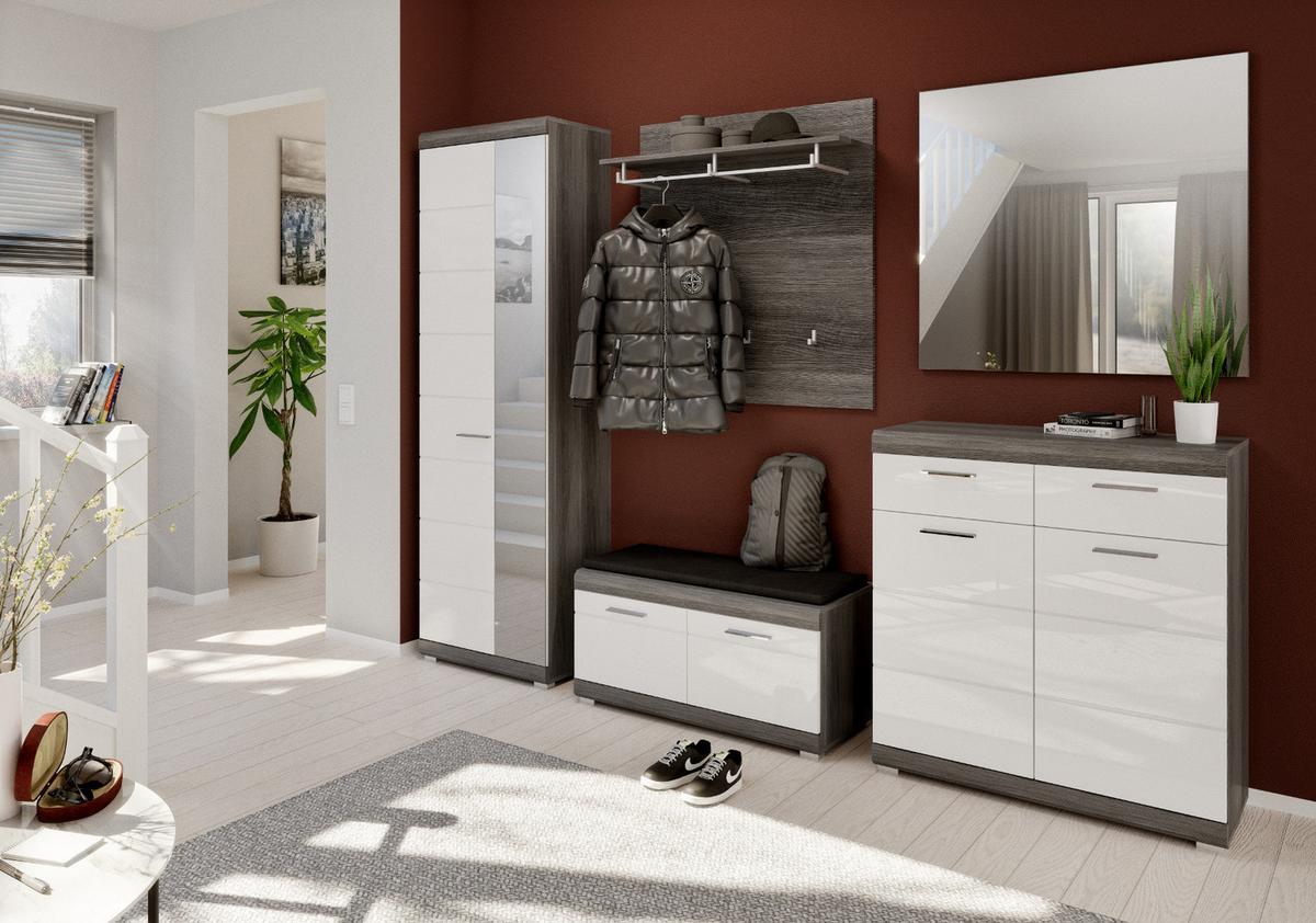 SCHUHSCHRANK weiß Hochglanz, Rauchsilber grau 90 cm, Flur Kommode mit Vollauszug - Chromfarben/Weiß Hochglanz, Holzwerkstoff/Kunststoff (90/96/37cm) - Inn.Furn