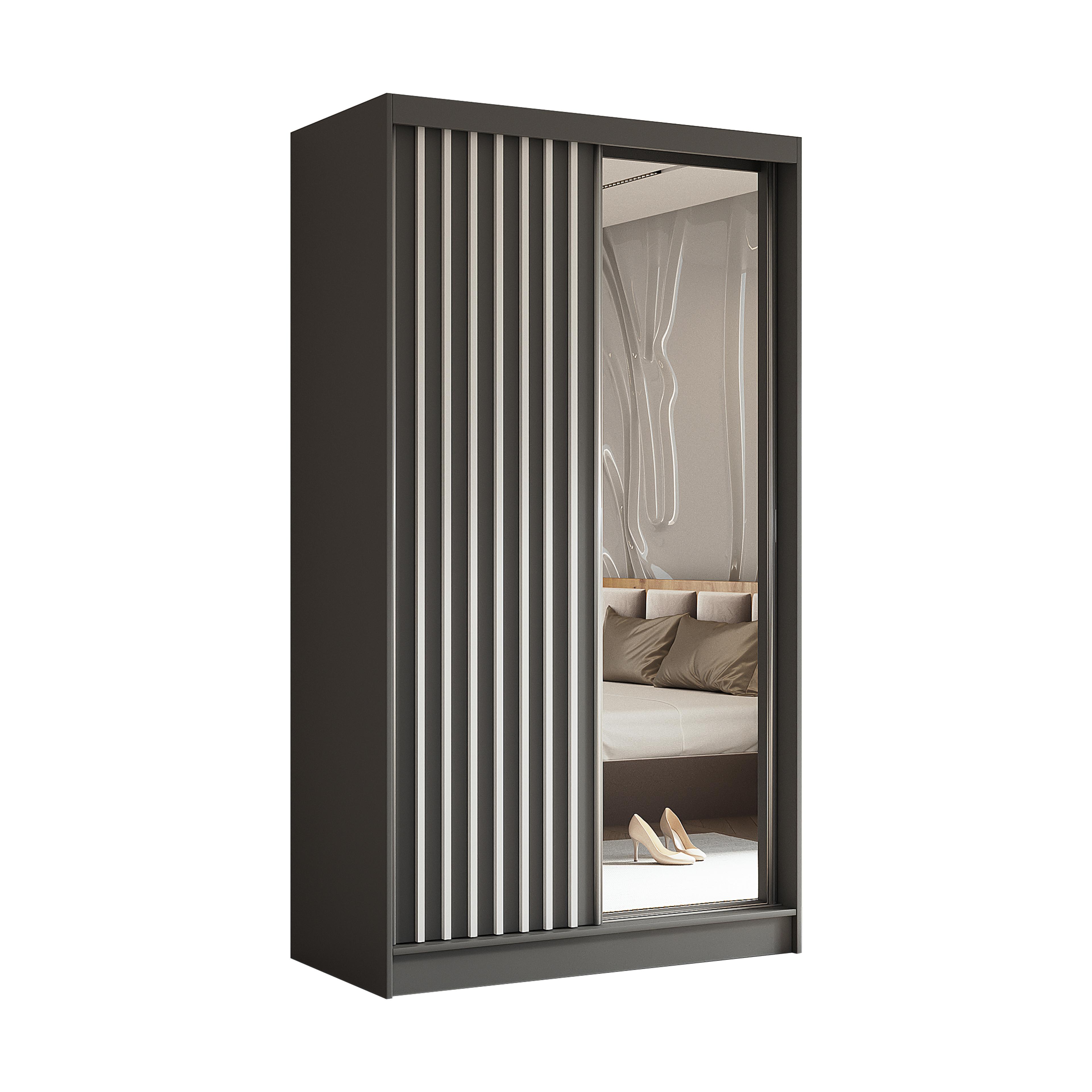 SCHWEBETÜRENSCHRANK LAMELLO 120/216/61 cm 2-türig mit Spiegel Grau - Grau, Holzwerkstoff (120/216/61cm) - MASSENO