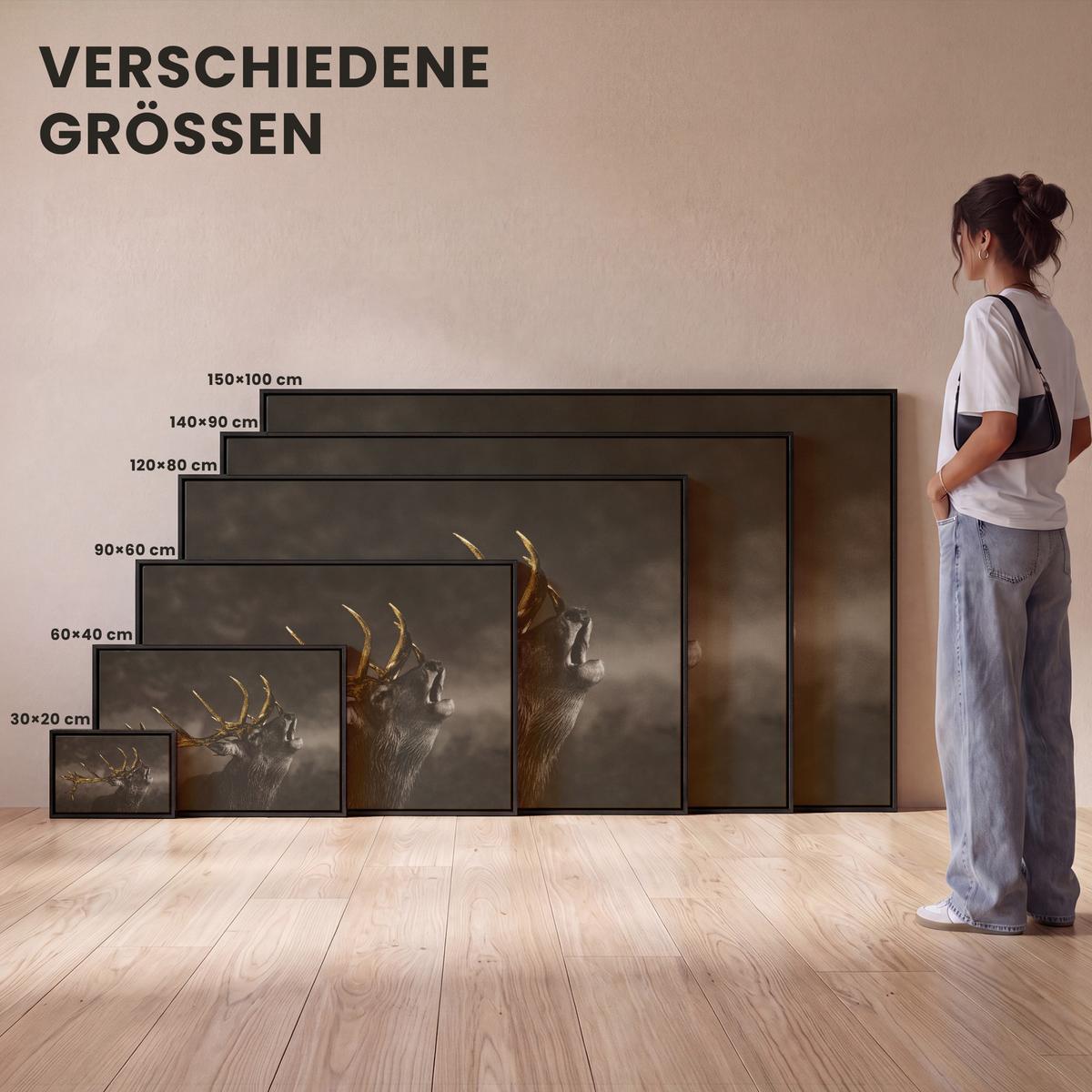 LEINWAND Bilder mit Rahmen - Rotwild - Schwarz - Gold - 90x60 - Braun, Textil (90/60cm) - MuchoWow