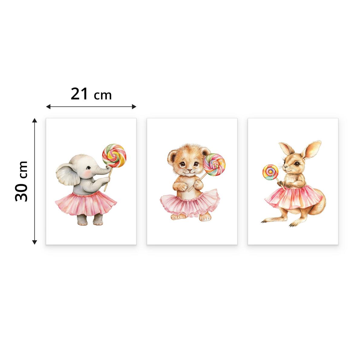 POSTER SET ohne Rahmen für Kinder TIERE mit Lutschern 3x Poster A4 21x30cm - Gelb/Beige, Papier (21/30/1cm) - Muralo