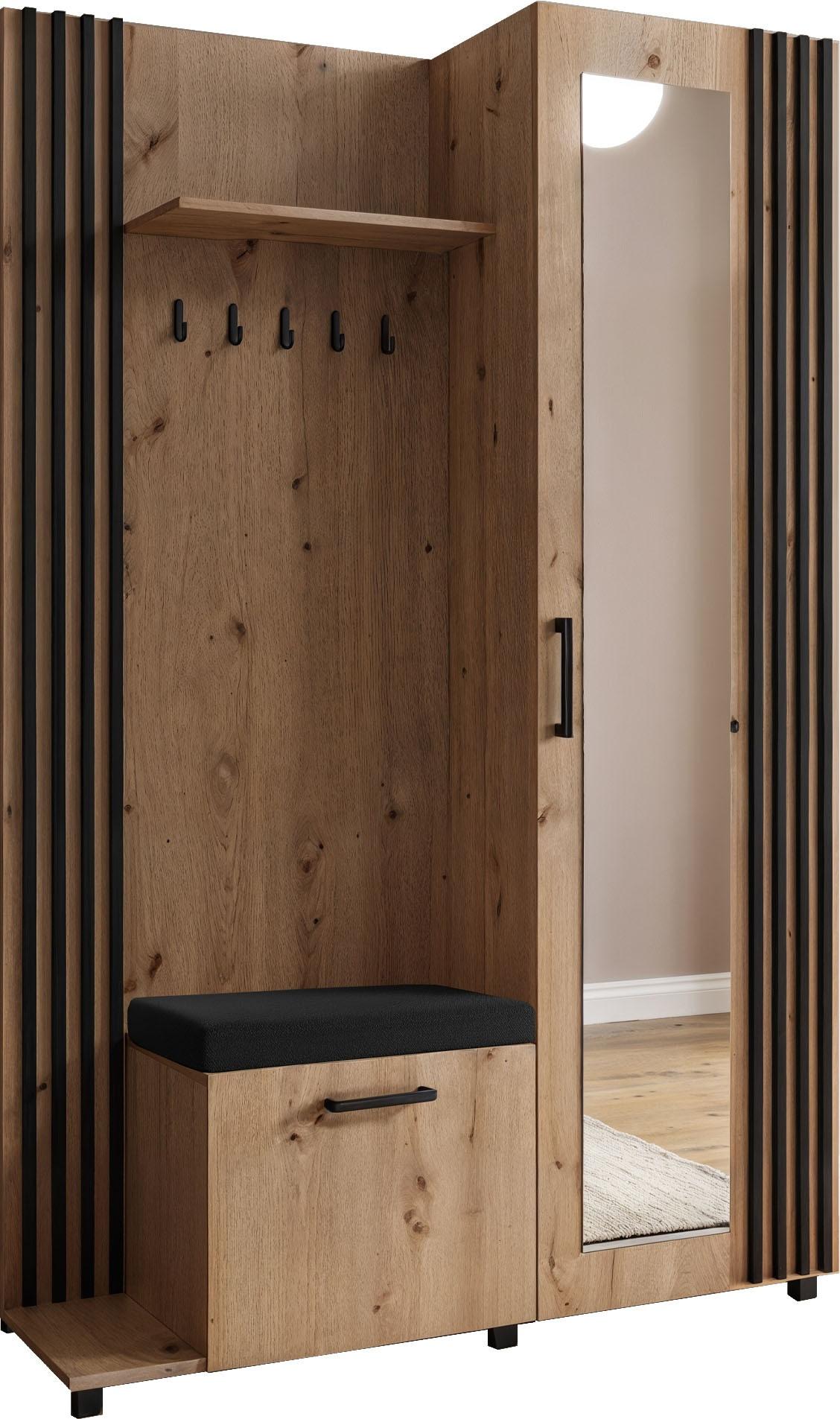 GARDEROBE Linaro mit Spiegel, Sitzbank in Lamellen-Optik 137/207/42 cm, Links - Schwarz/Eiche Artisan, Holzwerkstoff (137/207/42cm) - WFL GROUP