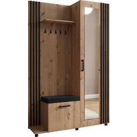 GARDEROBE Linaro mit Spiegel, Sitzbank in Lamellen-Optik 137/207/42 cm, Links - Schwarz/Eiche Artisan, Holzwerkstoff (137/207/42cm) - WFL GROUP