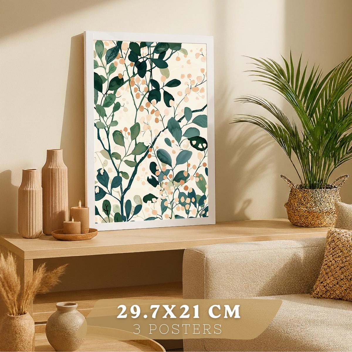 POSTER 3er-Set Wandbilder Floral Bäume modern Wohnzimmer Deko, Schlafzimmer, Küche, Badezimmer Weißer Rahmen A3 - Weiß, Papier (29.7/1/42cm) - Nacnic