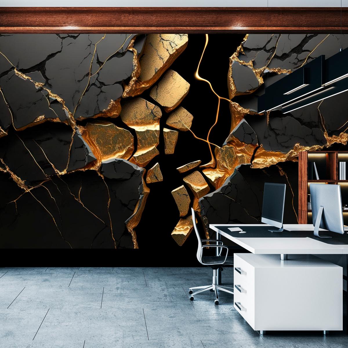 FOTOTAPETE für Wohnzimmer Schwarzer Abstrakter Marmor Gold Risse Wand 300x210 - Schwarz, Papier (300/210cm) - Muralo