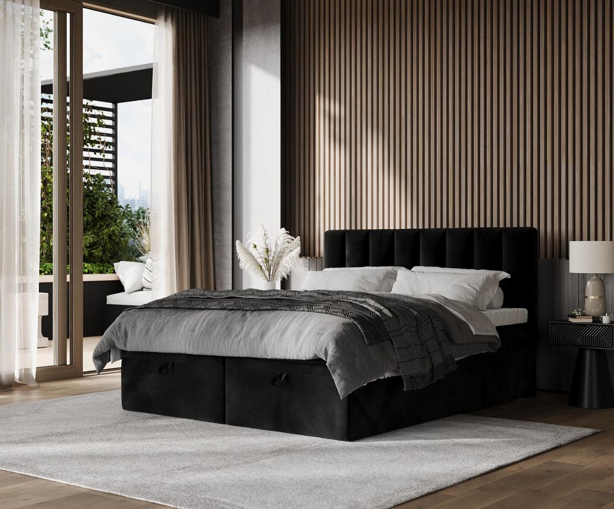 BOXBETT Lume 140/200 cm Schwarz im Kronos Stoff - Schwarz, Holz/Holzwerkstoff (140/200cm) - AltaBeds