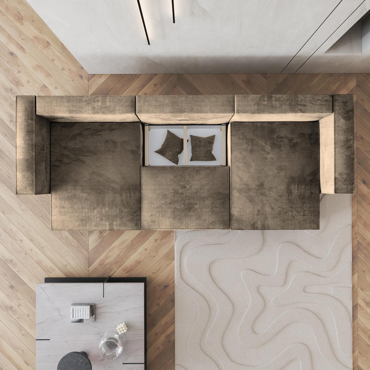 WOHNLANDSCHAFT SARMO M Beige Velours-Stoff mit Schlaffunktion - Beige/Grau, Holz/Kunststoff (347/70/148cm) - MASSENO