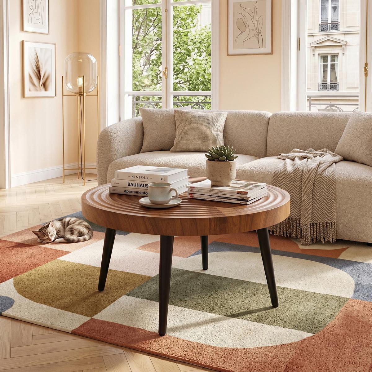 COUCHTISCH Walnussbraun Rund mit Jahresringen & Metallbeinen - Walnussfarben, Holzwerkstoff (60/60/37cm) - Urban Meuble