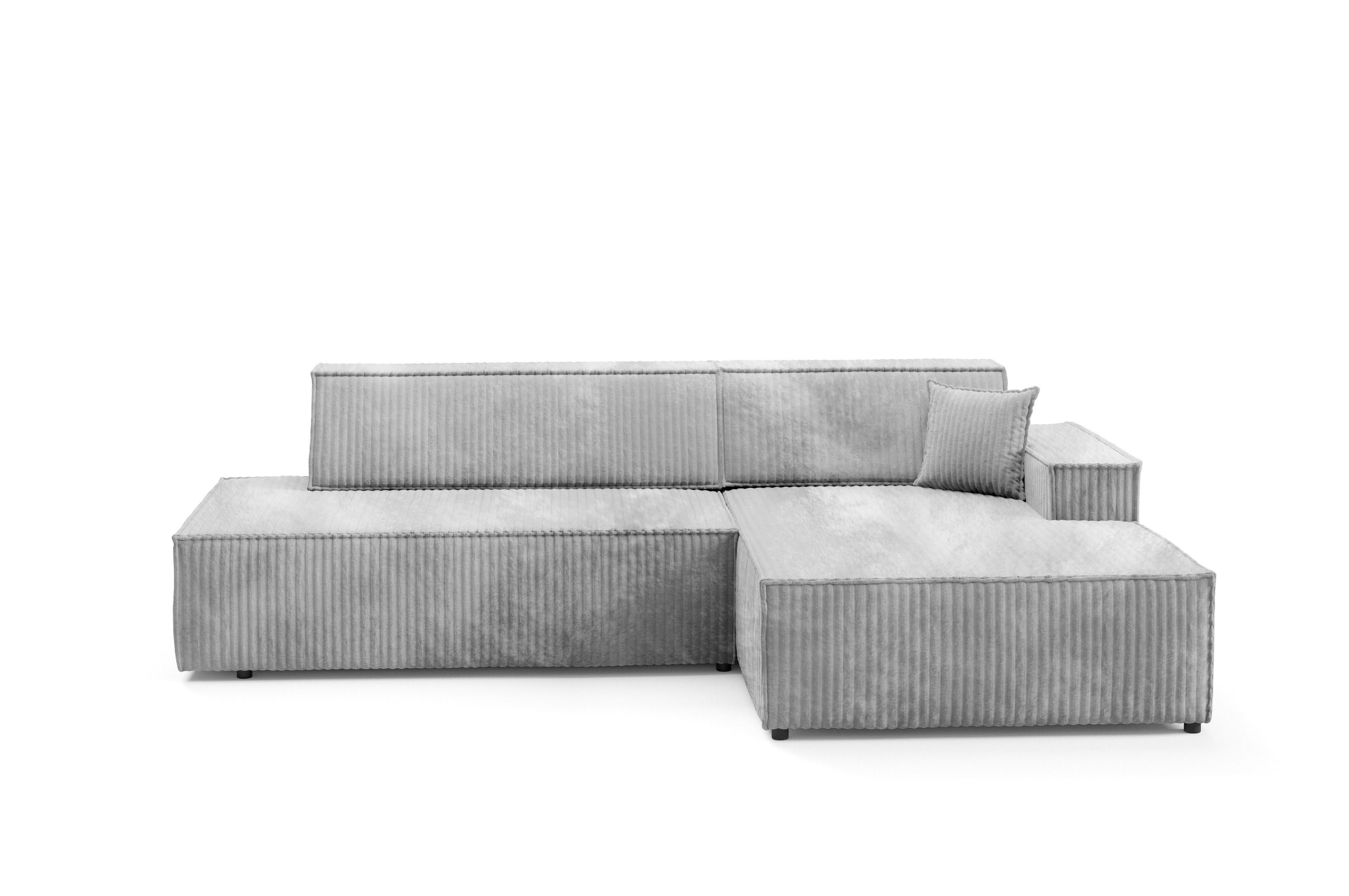 ECKSOFA TESSO L-S Grau Kordstoff mit Schlaffunktion - Grau, Holz (247/170cm) - MASSENO