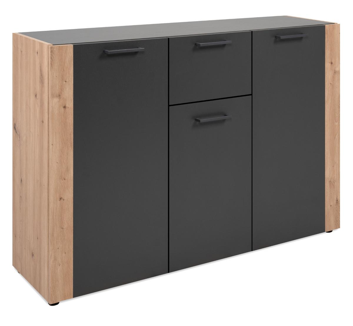SIDEBOARD grau, Artisan Eiche 126 x 85 cm, Kommode 3-türig - Anthrazit/Schwarz, Holzwerkstoff/Kunststoff (125.5/85/34.5cm) - Furn.Design