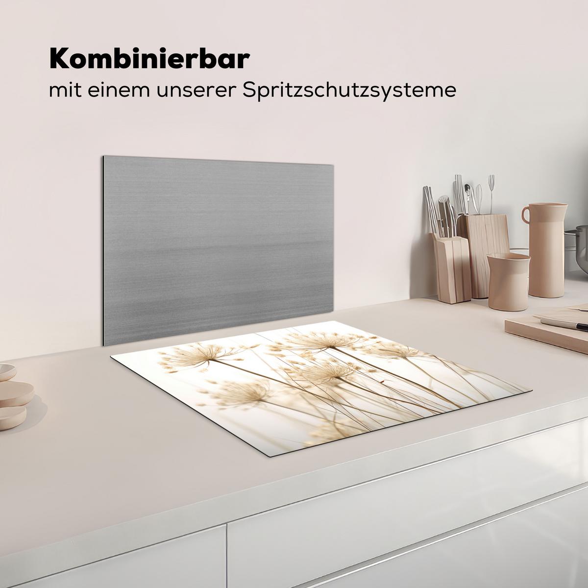 HERDABDECKPLATTE Blumen - Weiß - Sonnenlicht Herdabdeckung Induktionsfeld 60x52 cm - Ecru, Kunststoff (60/52/0.2cm) - MuchoWow