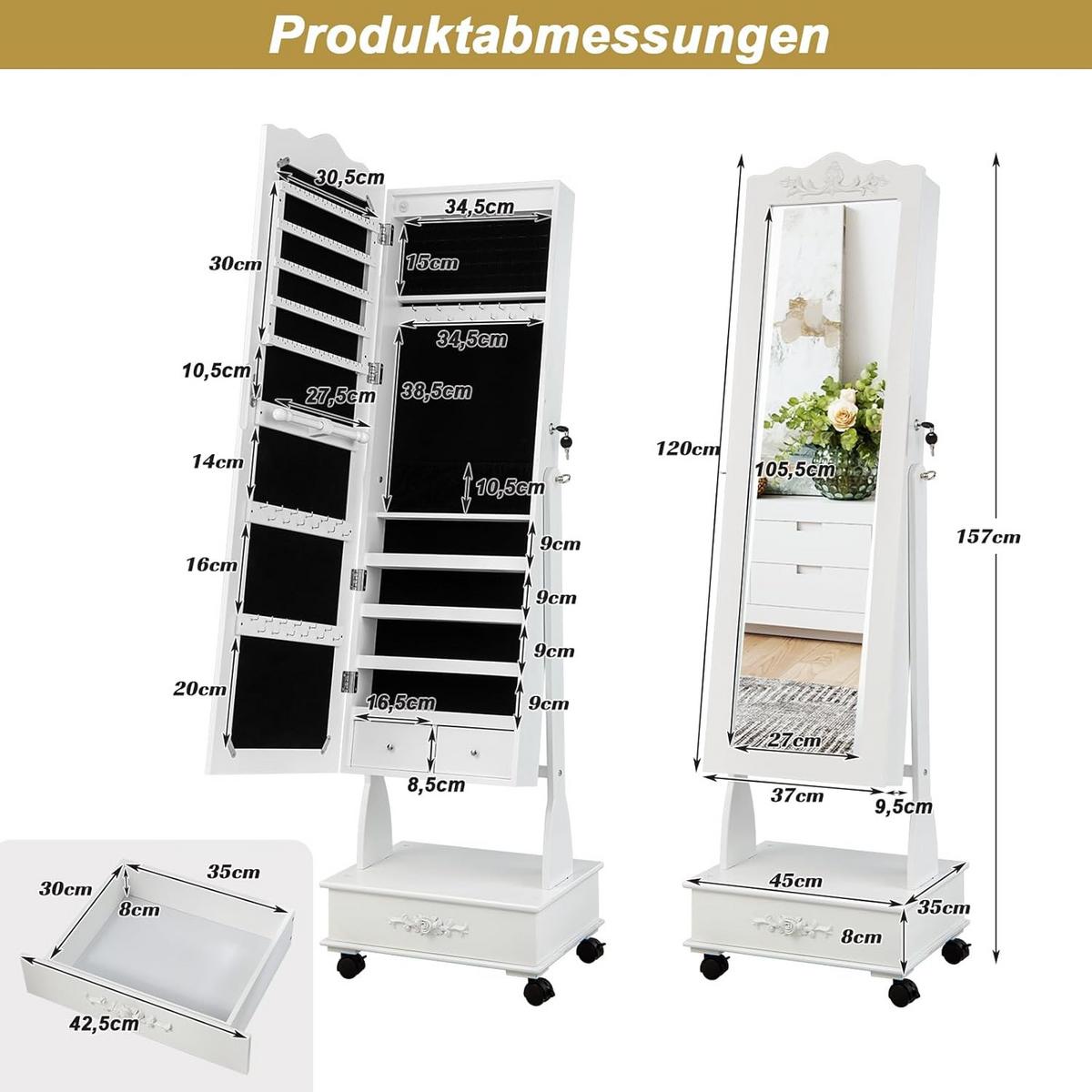 SCHMUCKSCHRANK 157cm Weiß - Weiß, Holz (45/157/35cm) - COSTWAY