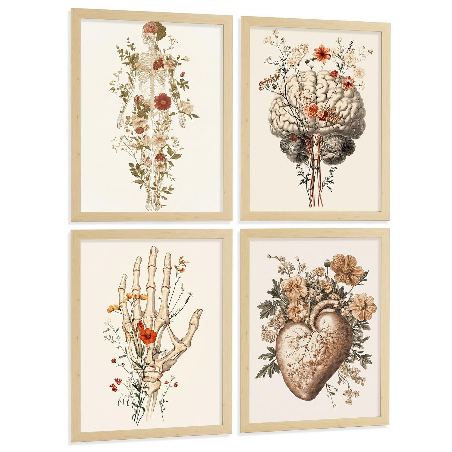 POSTER Set aus 4 Anatomie Mensch Dekorative Drucke und Wandbilder mit Blumen Ganzkörper Gehirn Hand und Herz Stil Größe Leichter Holzrahmen A4 - Beige, Papier (21/29.7/3cm) - Nacnic