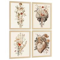 POSTER Set aus 4 Anatomie Mensch Dekorative Drucke und Wandbilder mit Blumen Ganzkörper Gehirn Hand und Herz Stil Größe Leichter Holzrahmen A4 - Beige, Papier (21/29.7/3cm) - Nacnic