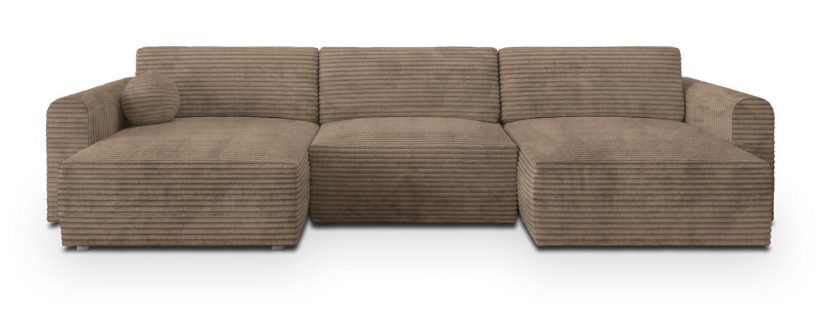 WOHNLANDSCHAFT FENTO Beige Kordstoff mit Schlaffunktion - Beige, Holz (347/90/148cm) - MASSENO
