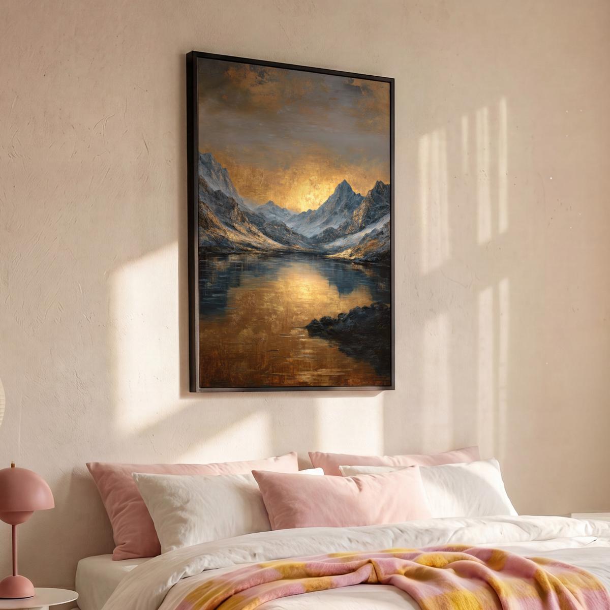 LEINWAND Bilder mit Rahmen - Bergkulisse mit goldenem Sonnenuntergang - 80x120 - Goldfarben, Textil (80/120cm) - MuchoWow