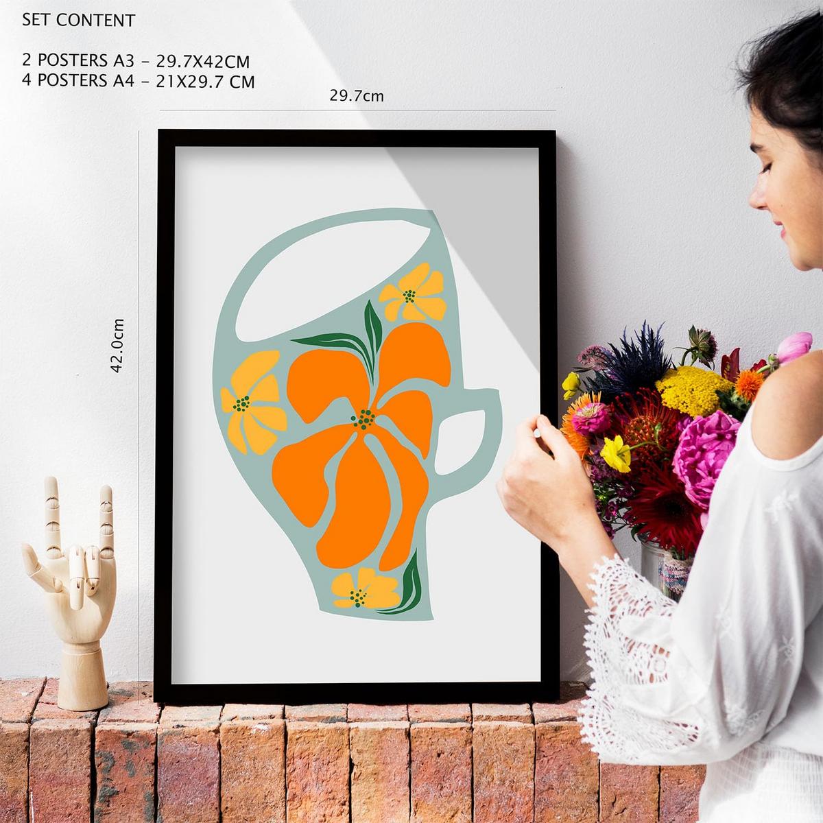 POSTER Set Mit 6 Demodierte Vase In Blume Zusammenfassung Ästhetische Dekorative Gemälde Für Ihr Wohnzimmer Zuhause A3 & A4 Schwarzer Rahmen - Schwarz, Papier (29/3cm) - Nacnic