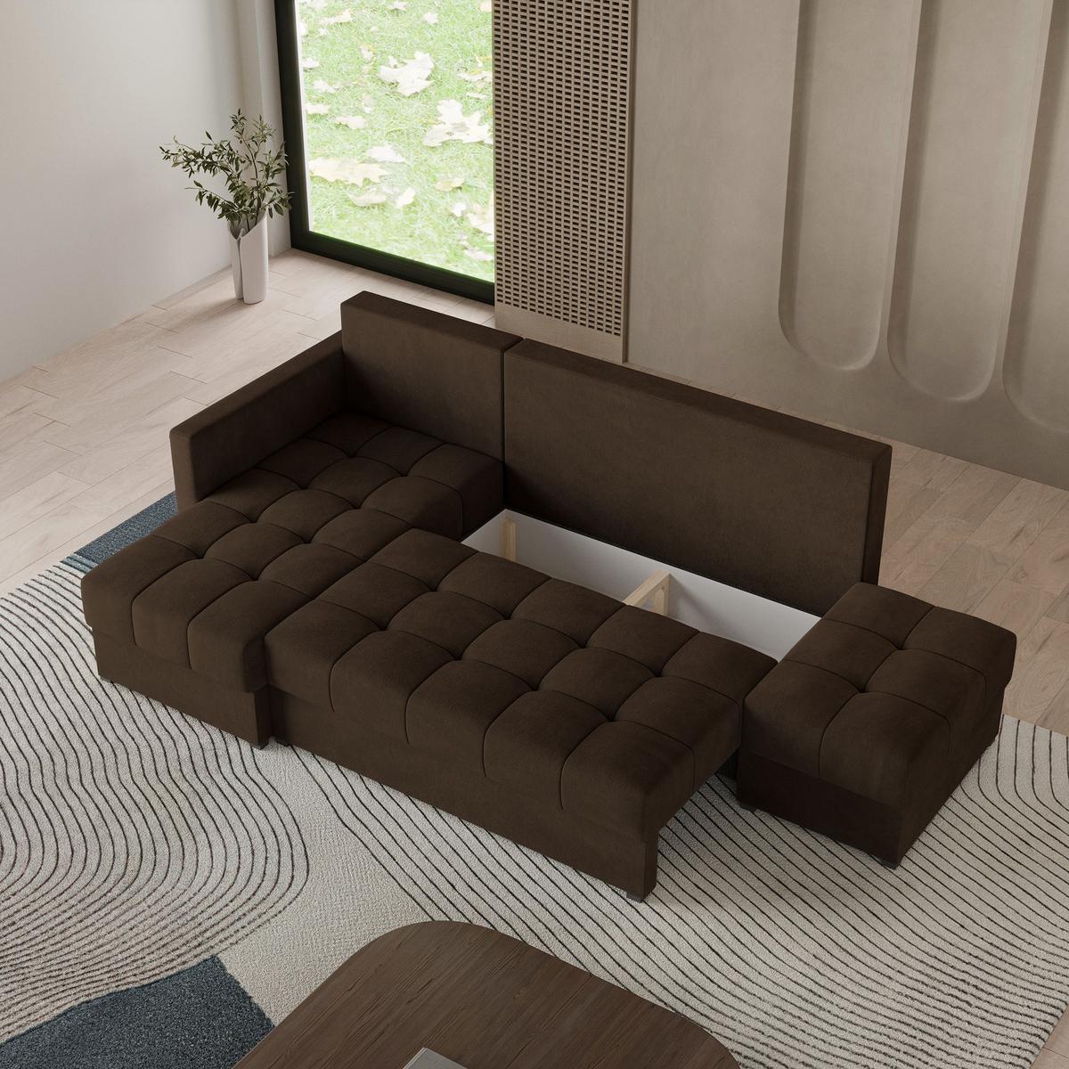 ECKSOFA LUMARI L-S Braun Plüsch-Stoff mit Schlaffunktion - Braun, Holz (262/143cm) - MASSENO