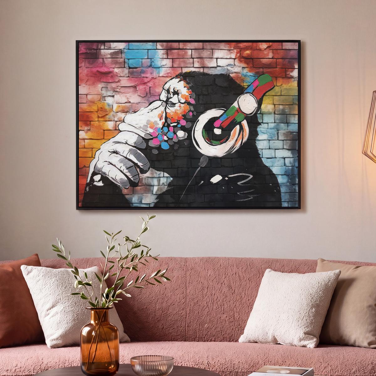 LEINWAND Bilder mit Rahmen - Affe - Graffiti - Musik - 100x70 - Multicolor, Textil (100/70cm) - MuchoWow