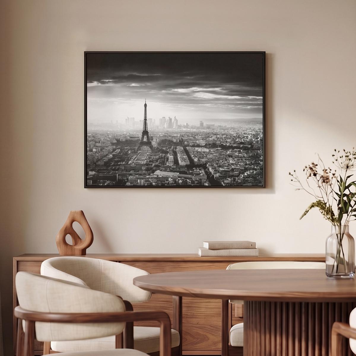 LEINWAND Bilder mit Rahmen - Paris - Skyline - Eiffelturm - Stadt - Wolken - 80x60 - Dunkelgrau, Textil (80/60cm) - MuchoWow