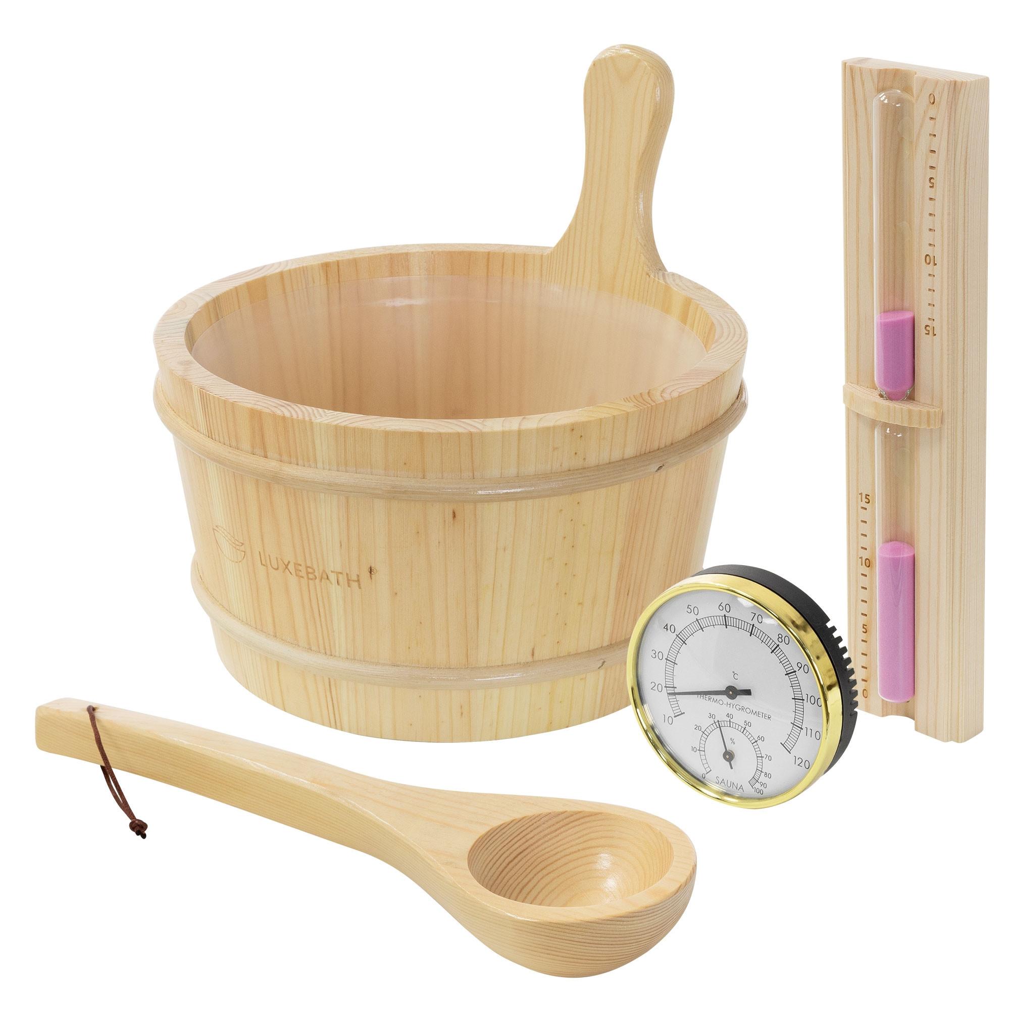 SAUNAZUBEHÖR-SET 4-teilig aus Kiefernholz - Naturfarben, Holz (27/30/37cm) - LuxeBath