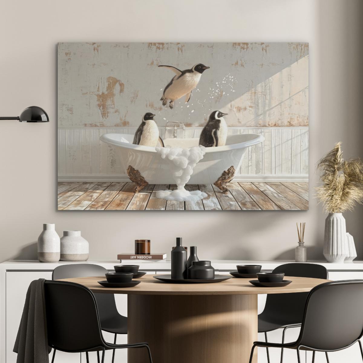 AKUSTIKBILD Vintage - Pinguin - Badewanne - Schaumstoff Wandbild Wohnzimmer 100x70 cm - Schwarz, Kunststoff (100/70/0.9cm) - MuchoWow