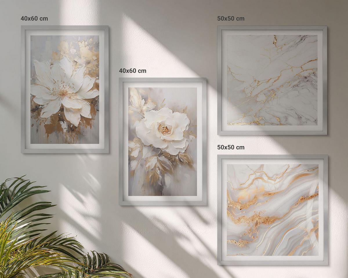 BILDER SET 4er Set - 50x50 cm & 40x60 cm Silberner Rahmen - Blumen, heller Hintergrund, Marmormuster - Silberfarben, Kunststoff (50/50cm) - TULUP