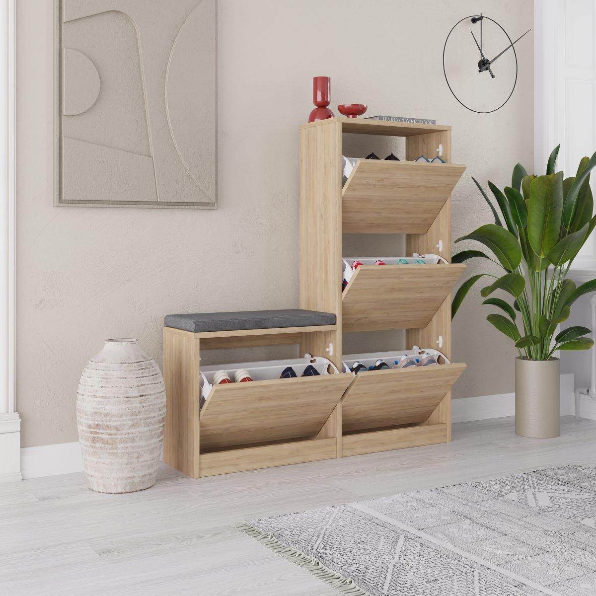 SCHUHSCHRANK 4 Türen L105 cm - Dude - Eichefarben, Holzwerkstoff (105/118.5/26cm) - Calicosy