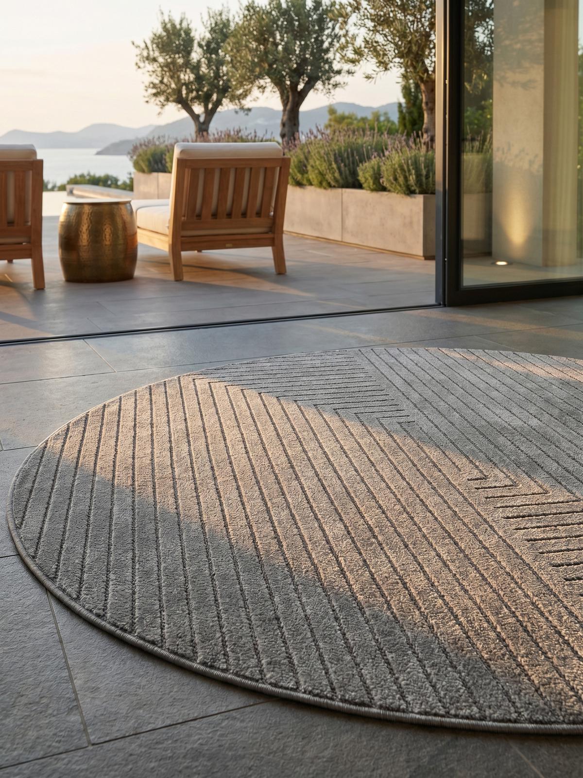 TEPPICH Outdoor ENGADIN in Silber, im Skandi-Stil mit 3D-Design, aus Polypropylen, Ø 120 cm - Silberfarben, Textil (120/120cm) - KADIMA DESIGN
