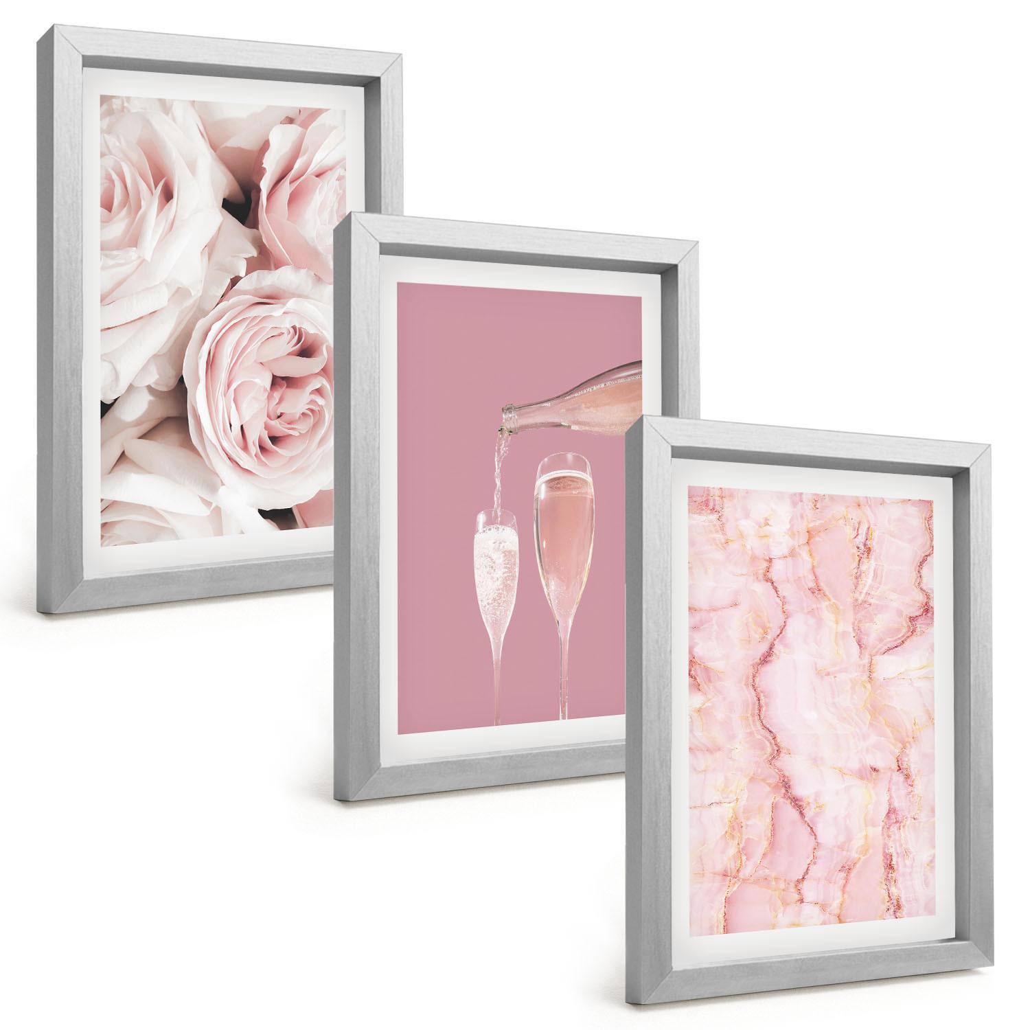 BILDER SET 3er Set - 20x30 cm Silberner Rahmen - Champagnerfarbene Rosen, Marmorhintergrund - Silberfarben, Kunststoff (20/30cm) - TULUP