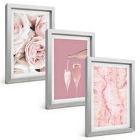 BILDER SET 3er Set - 20x30 cm Silberner Rahmen - Champagnerfarbene Rosen, Marmorhintergrund - Silberfarben, Kunststoff (20/30cm) - TULUP