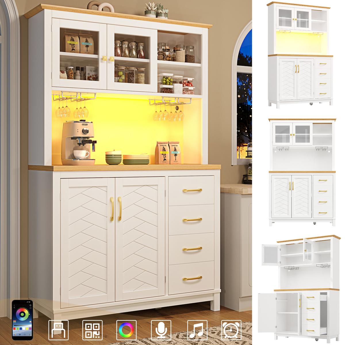 BUFFETSCHRANK landhausstil weiß 180 cm hoch mit app-led & gläserhalter - Weiß, Holzwerkstoff (105.5/180/40cm) - Urban Meuble