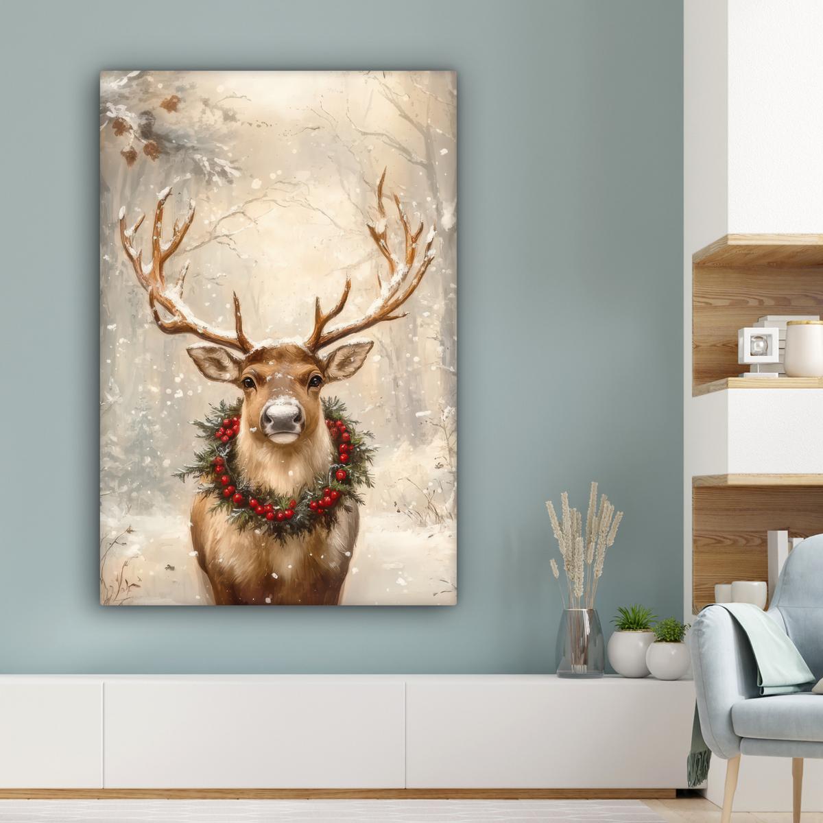 LEINWANDBILD Weihnachten - Rentier - Winter - Kranz Deko XXL 80x120 cm - Naturfarben, Textil (80/120cm) - MuchoWow