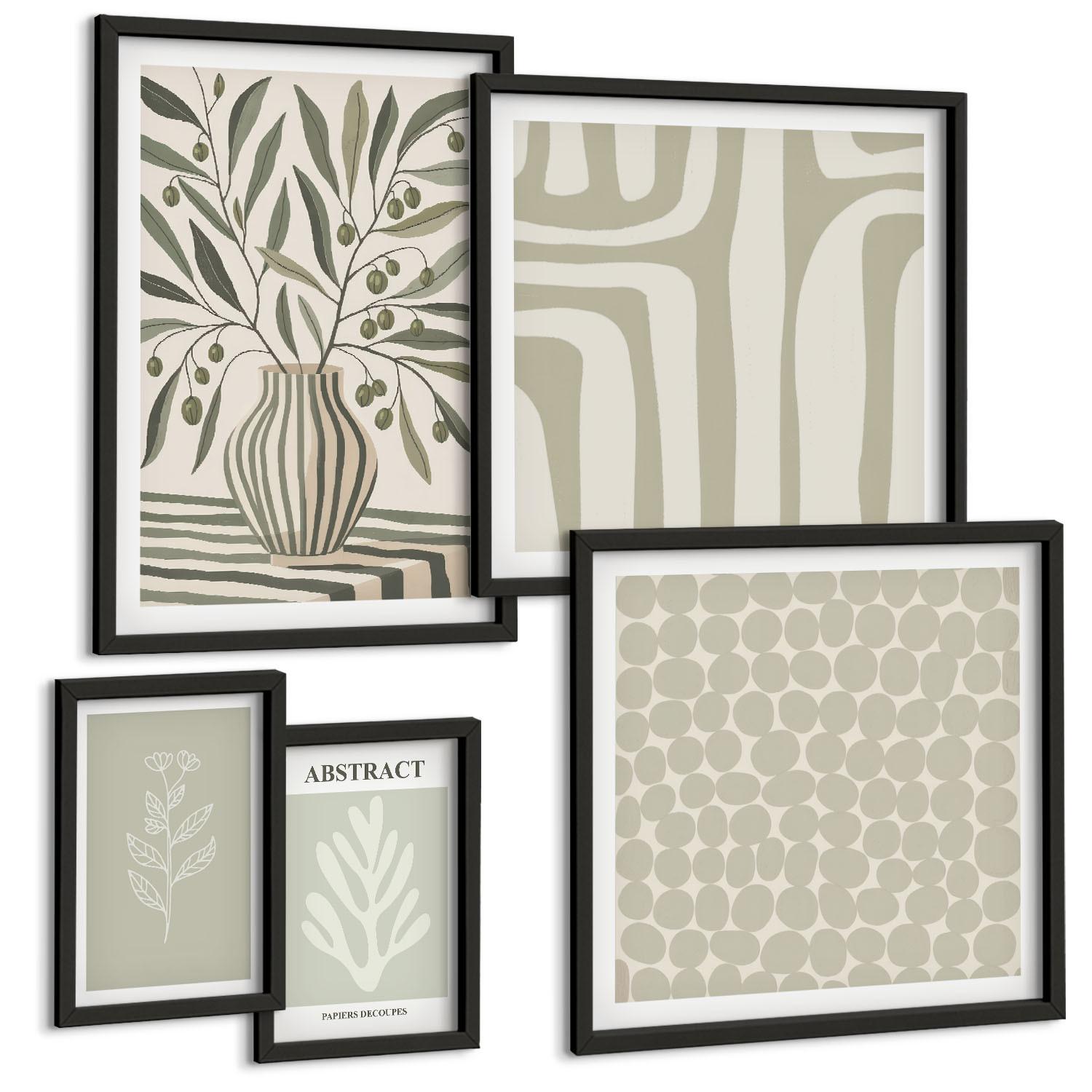 BILDER SET 5er Set - 50x50 cm & 20x30 cm & 40x60 cm Schwarzer Rahmen - Abstrakte Pflanzenmuster - Schwarz, Kunststoff (40/60cm) - TULUP