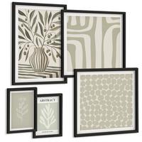 BILDER SET 5er Set - 50x50 cm & 20x30 cm & 40x60 cm Schwarzer Rahmen - Abstrakte Pflanzenmuster - Schwarz, Kunststoff (40/60cm) - TULUP