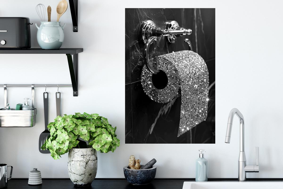 WANDTATTOO WC - Toilettenpapier - Schwarz und weiß - Glitter Wandbild 40x60 cm - Silberfarben, Kunststoff (40/60/0.1cm) - MuchoWow