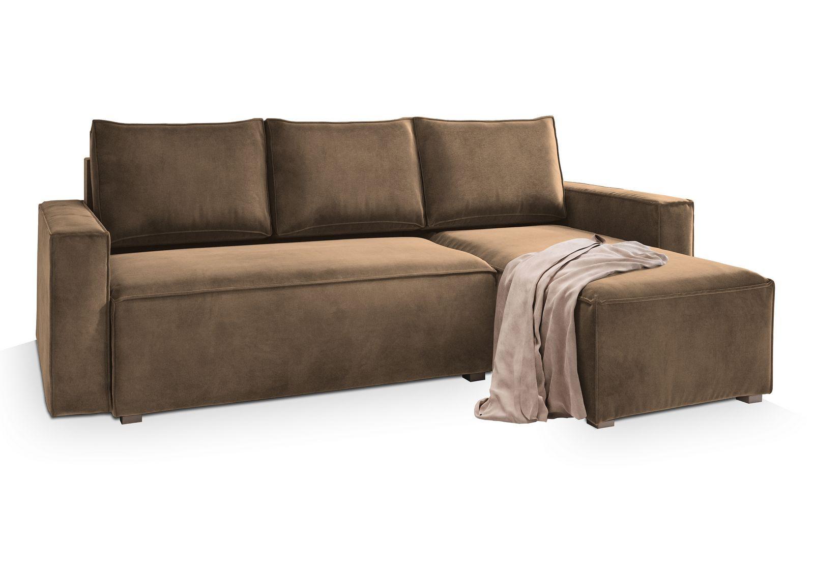 ECKSOFA SILES Beige Velours-Stoff mit Schlaffunktion - Beige/Grau, Holz/Kunststoff (230/140cm) - MASSENO