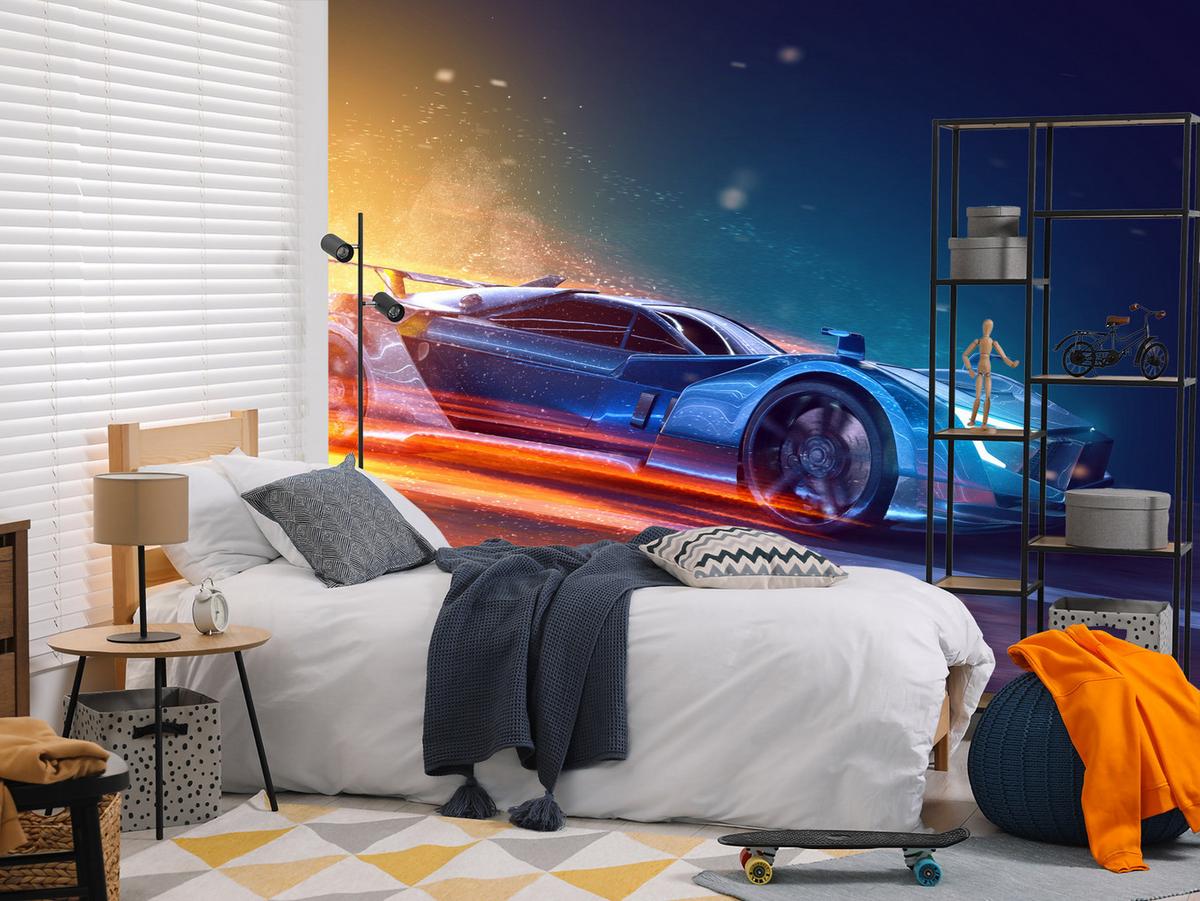 FOTOTAPETE für Jugendzimmer Futuristisches Sportwagen Neon 200x140 - Blau/Gelb, Papier (200/140cm) - Muralo