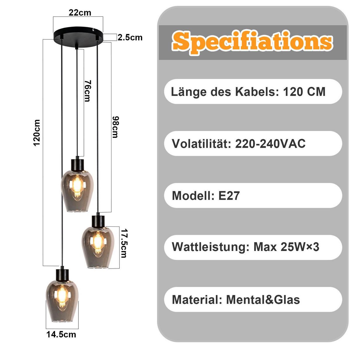 PENDELLEUCHTE BINDFADEN Ⅲ 22/22/120 cm - Schwarz, Metall (22/22/120cm) - Nettlife