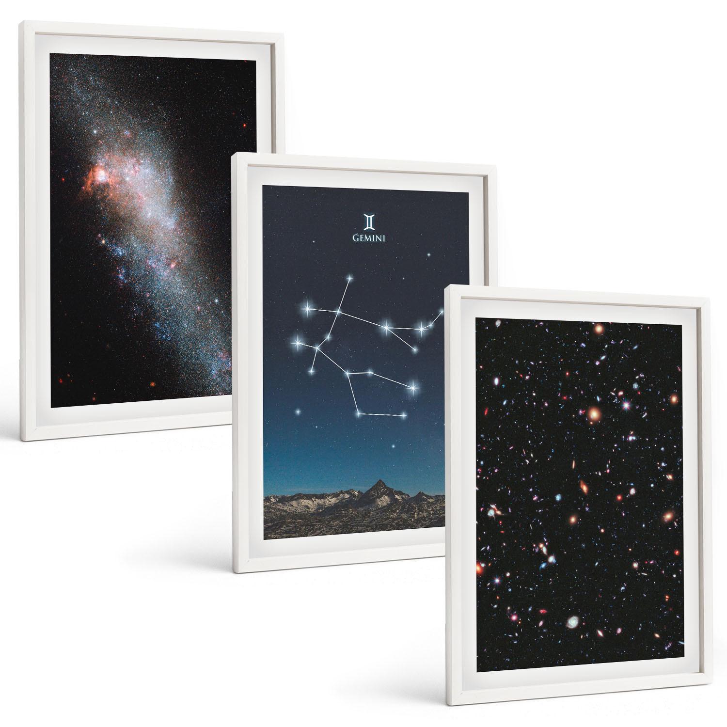 BILDER SET 3er Set - 40x60 cm Weißer Rahmen - Sternzeichen Zwillinge Galaxie - Weiß, Kunststoff (40/60cm) - TULUP