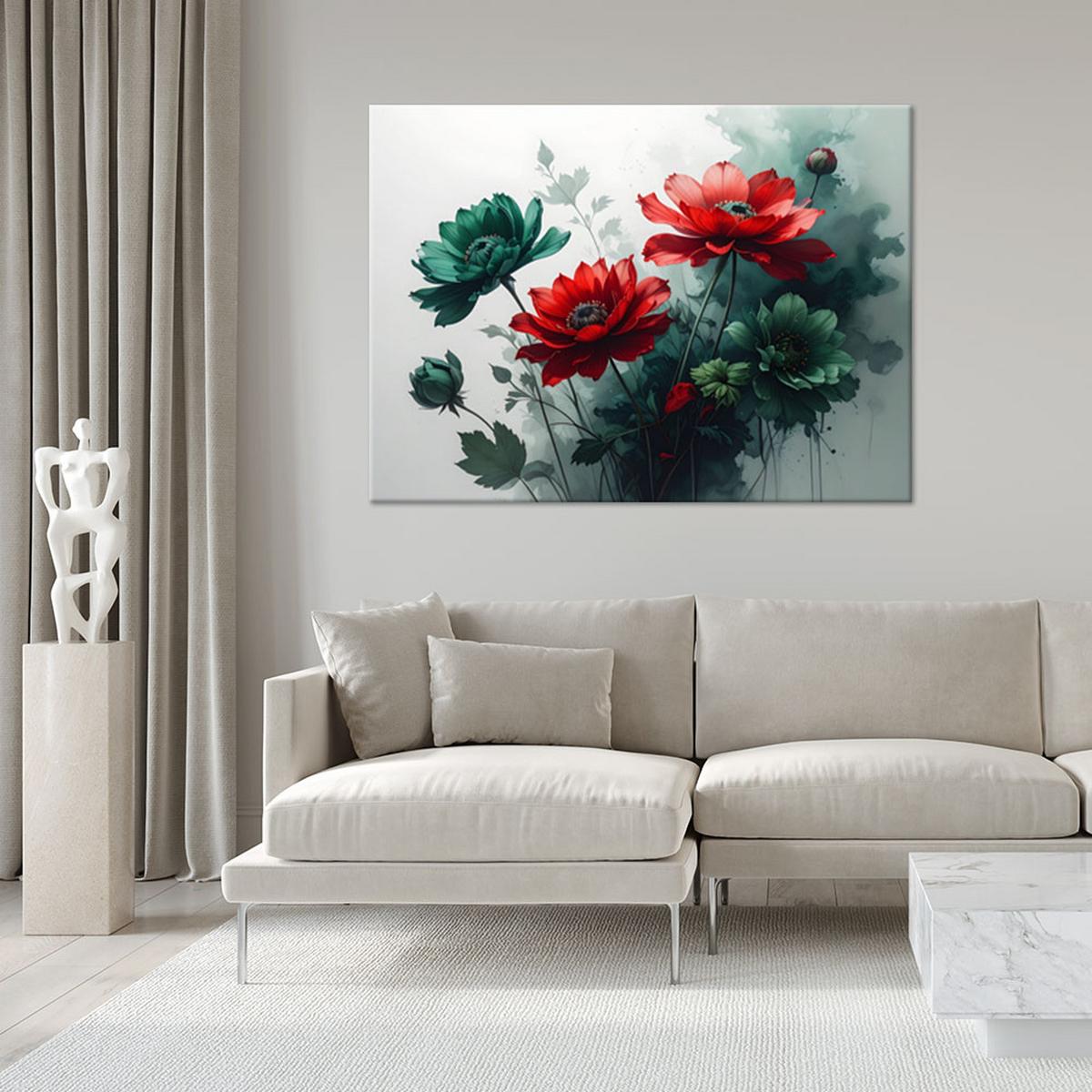 WANDBILD, Rote grüne Pflanze Blumen - Grün, Textil (90/60cm) - Feeby