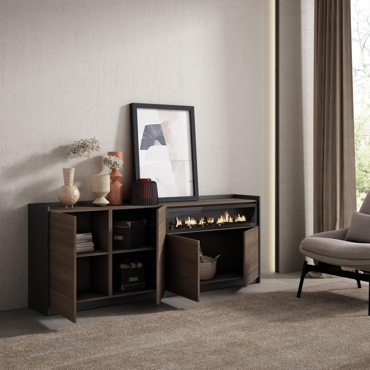 SIDEBOARD, Highboard, Dunkler Eiche und Schwarz, Elektrokamin, 207/37/80cm - Hellbraun, Holzwerkstoff (207/80/37cm) - Skraut Home