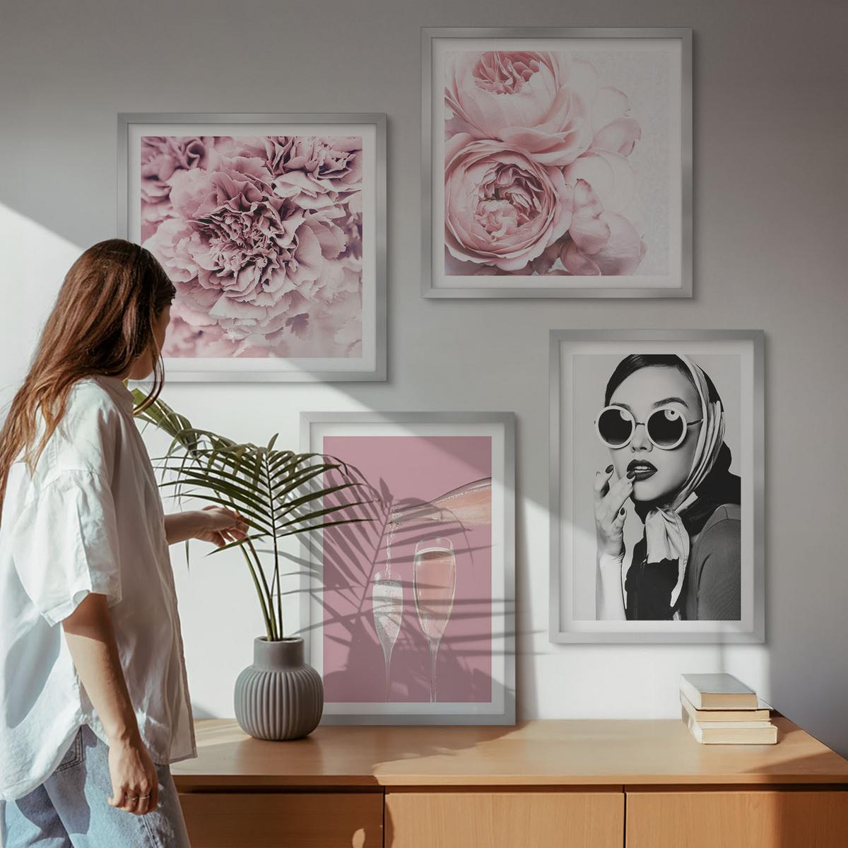 BILDER SET 4er Set - 50x50 cm & 40x60 cm Silberner Rahmen - Blumen, Pfingstrosen, Rosen, Eleganz - Silberfarben, Kunststoff (50/50cm) - TULUP