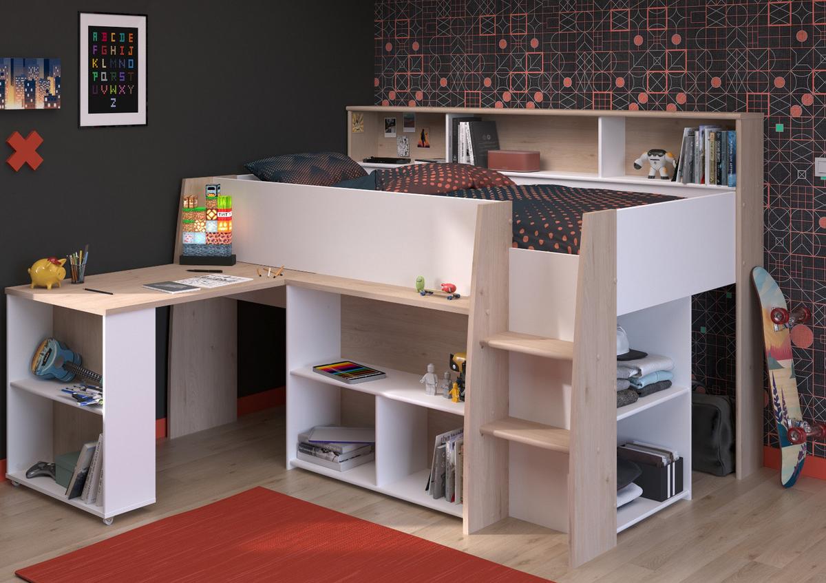 HOCHBETT Jugendzimmer Bett 90 x 200 mit Schreibtisch ausziehbar - Multicolor, Holz/Holzwerkstoff (200/90cm) - Parisot Meuble